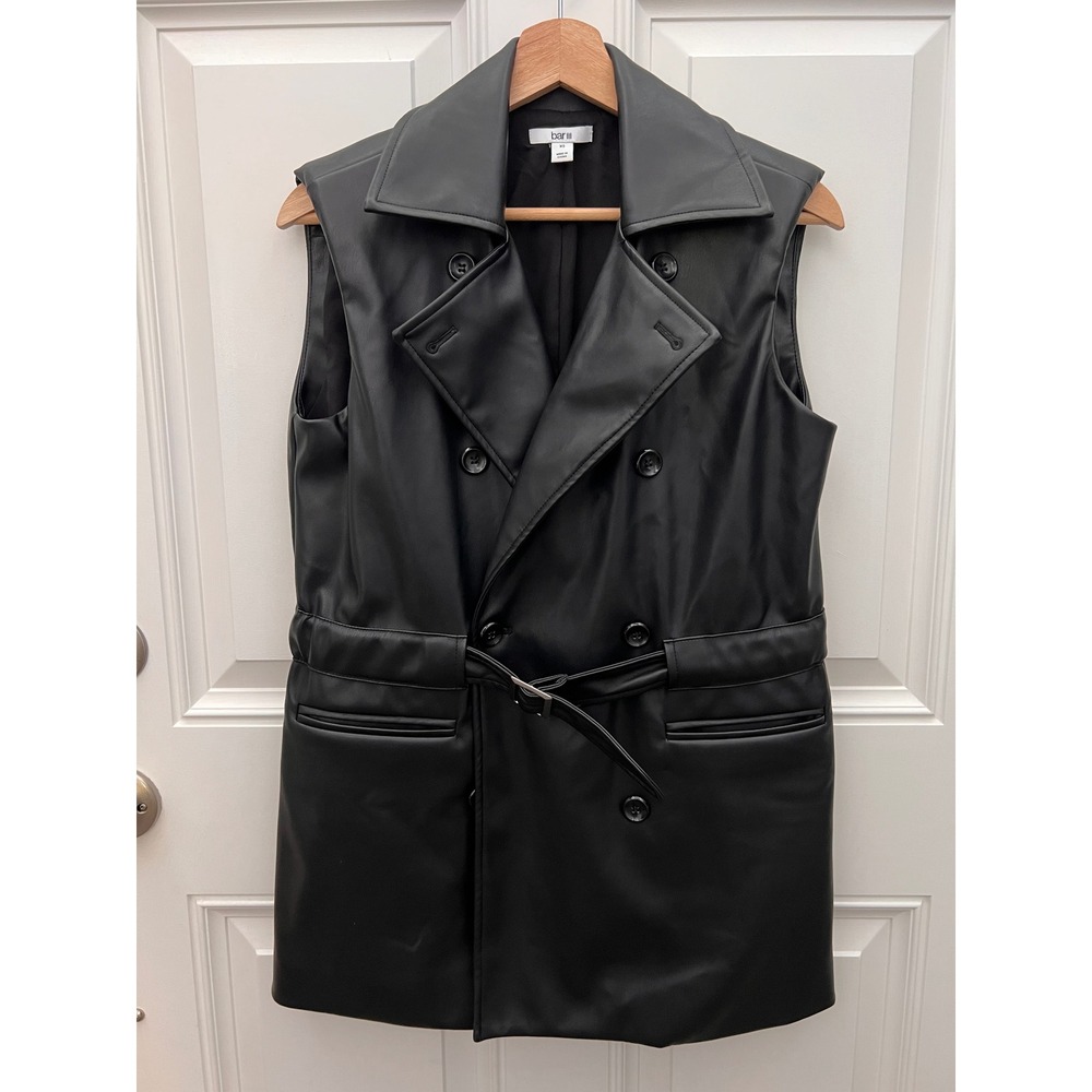 Bar III Womens Black Faux Leather Double Breasted Belted Trench Vest XS